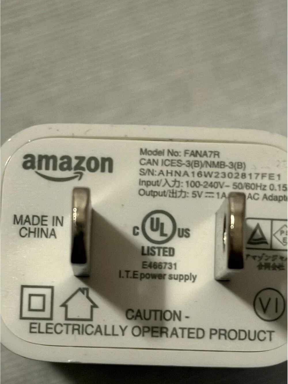 Amazon Power Adapter USB Charger 5V 1A Model FANATR
